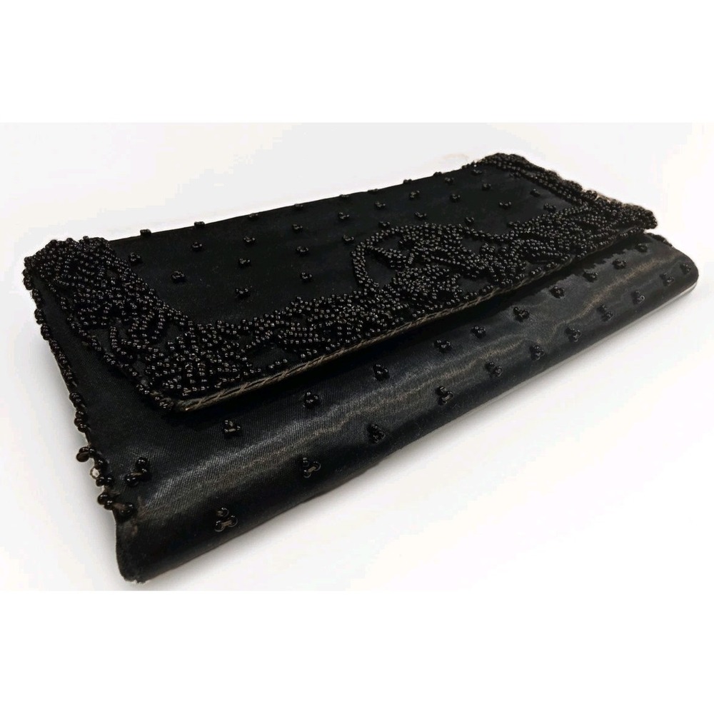 Simon Women's Black Beaded Floral Folding Clutch Wallet with Snap Closure